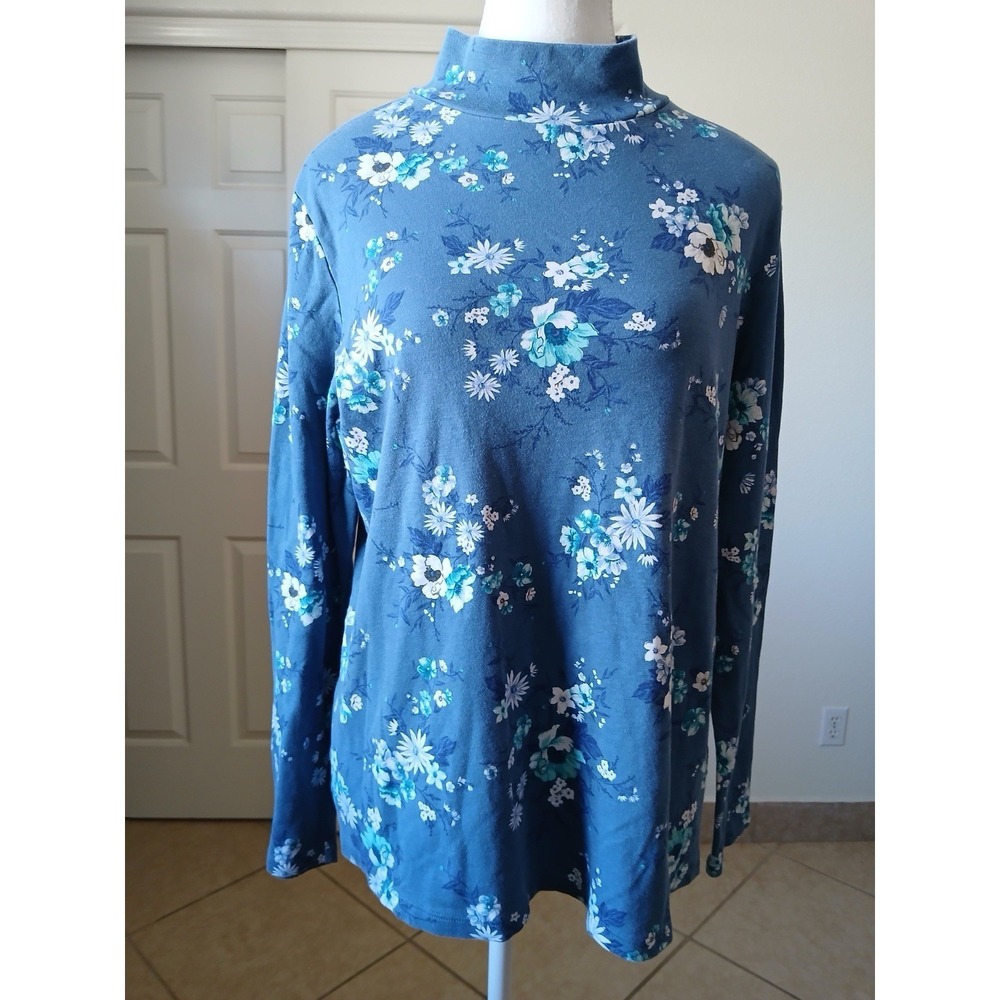 Croft & Barrow Women Size XL Blue Floralโ Mock Neck Long Sleeve Cotton Pullover - Picture 3 of 15
